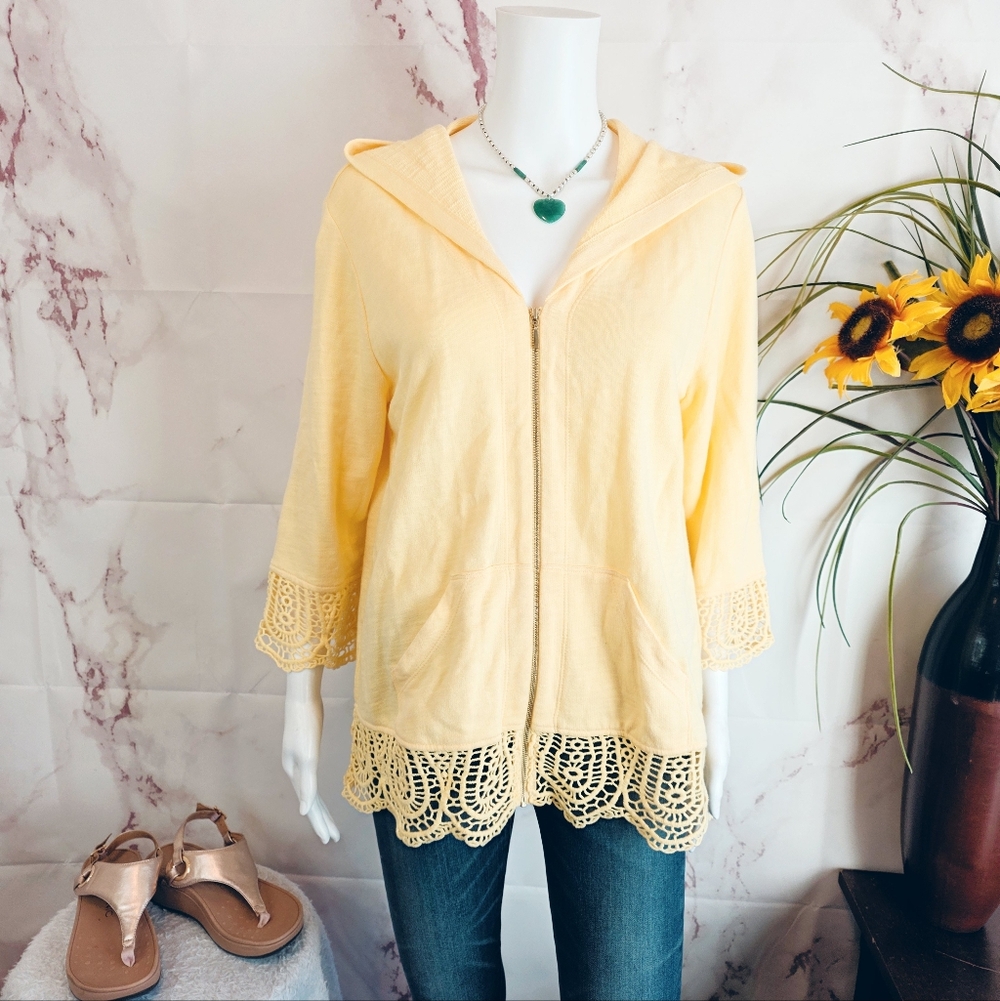 Chicos Zenergy Spring Yellow Hoodie Jacket Size 1 Or M Lace Trim Zip Lightweight - Picture 2 of 6